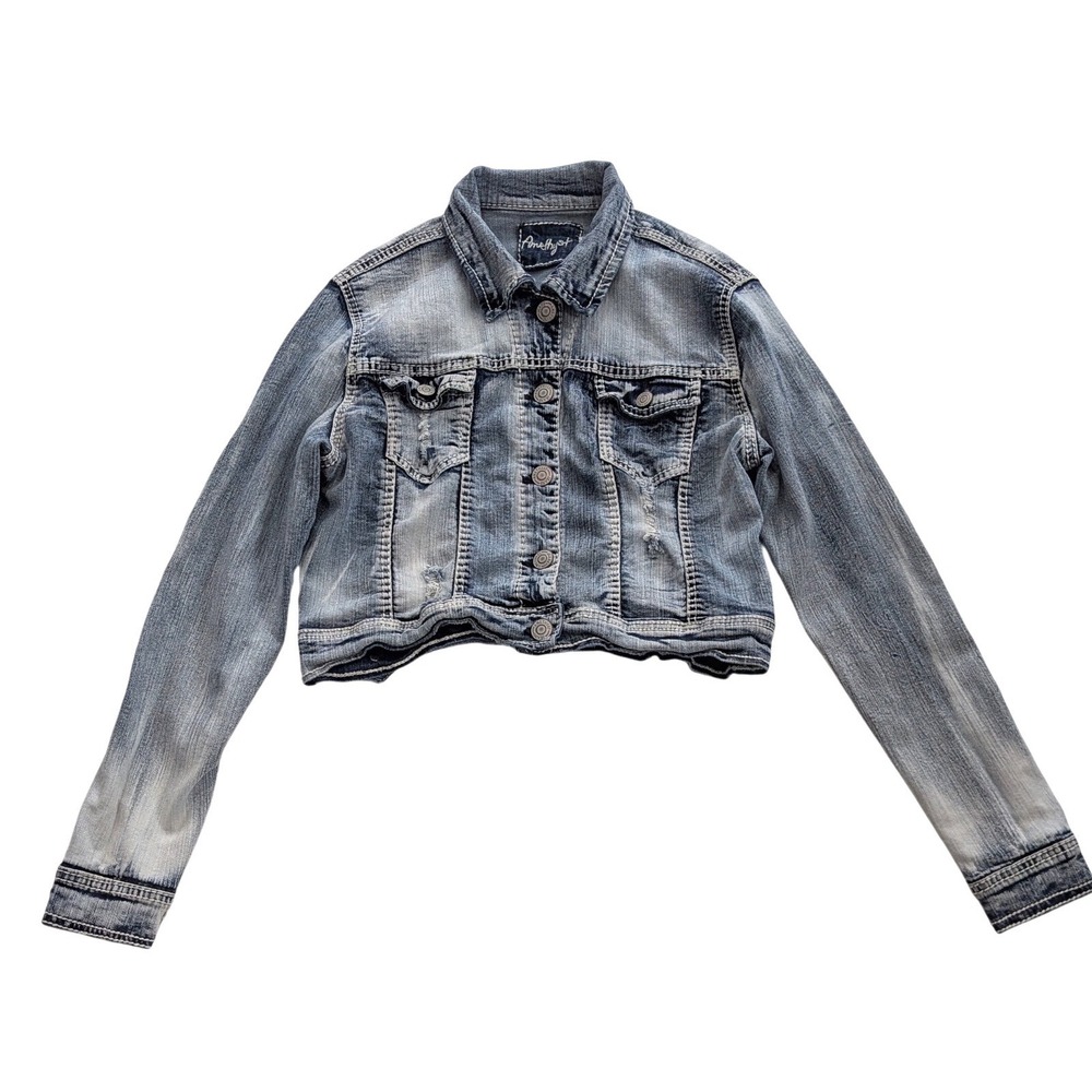 AMETHYST Y2K Distressed Cropped Faded Denim Jacket Light Wash Blue Sz L Stretch